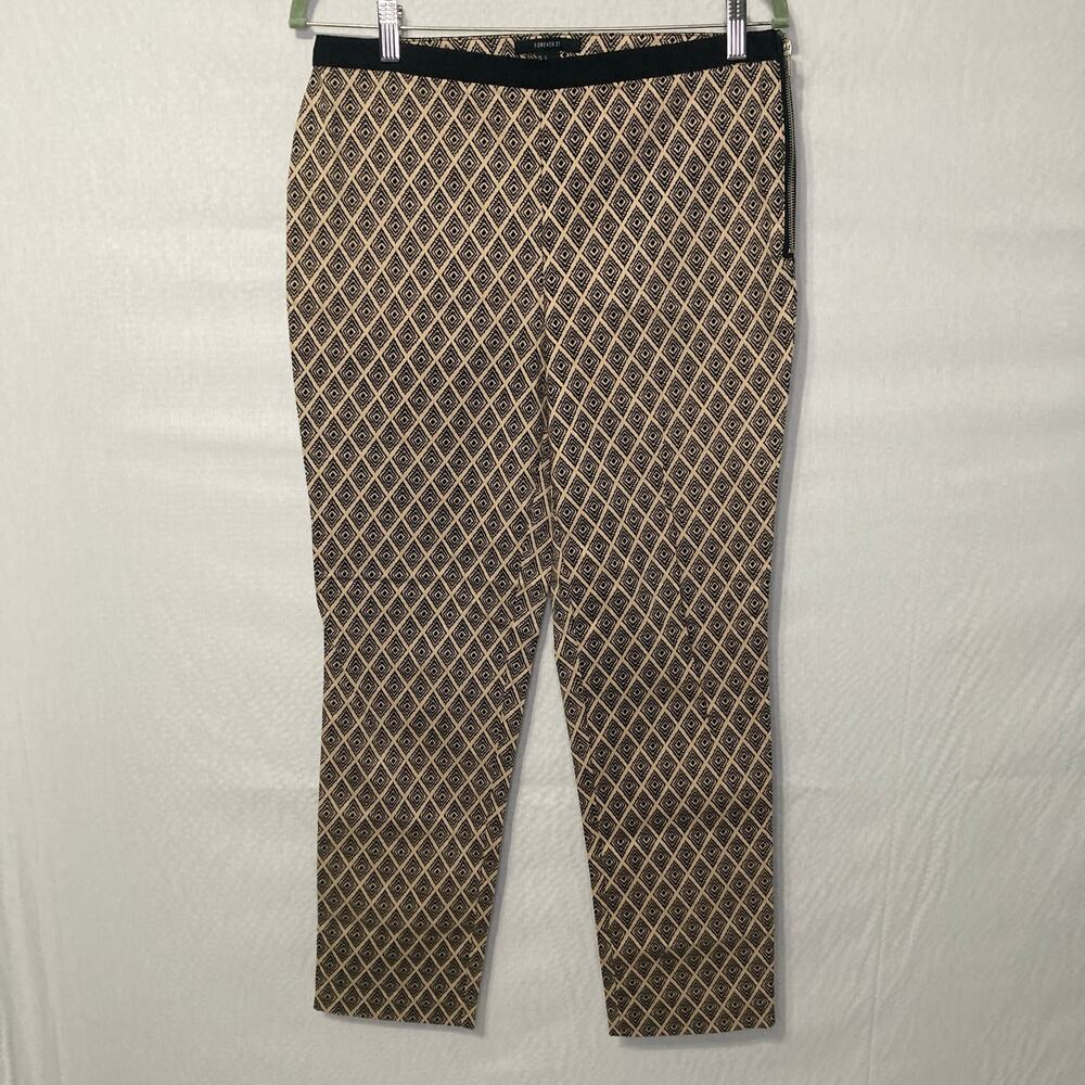 Forever 21 Women L Tan Black Diamond Print Pants Side Zip Stretch Trousers